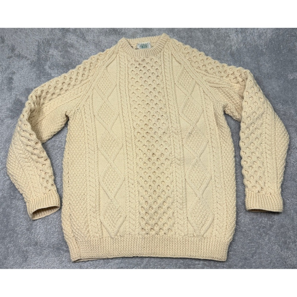Blarney Woollen Mills Sweater Mens M Cream Wool Cable Knit Fisherman Irish Aran